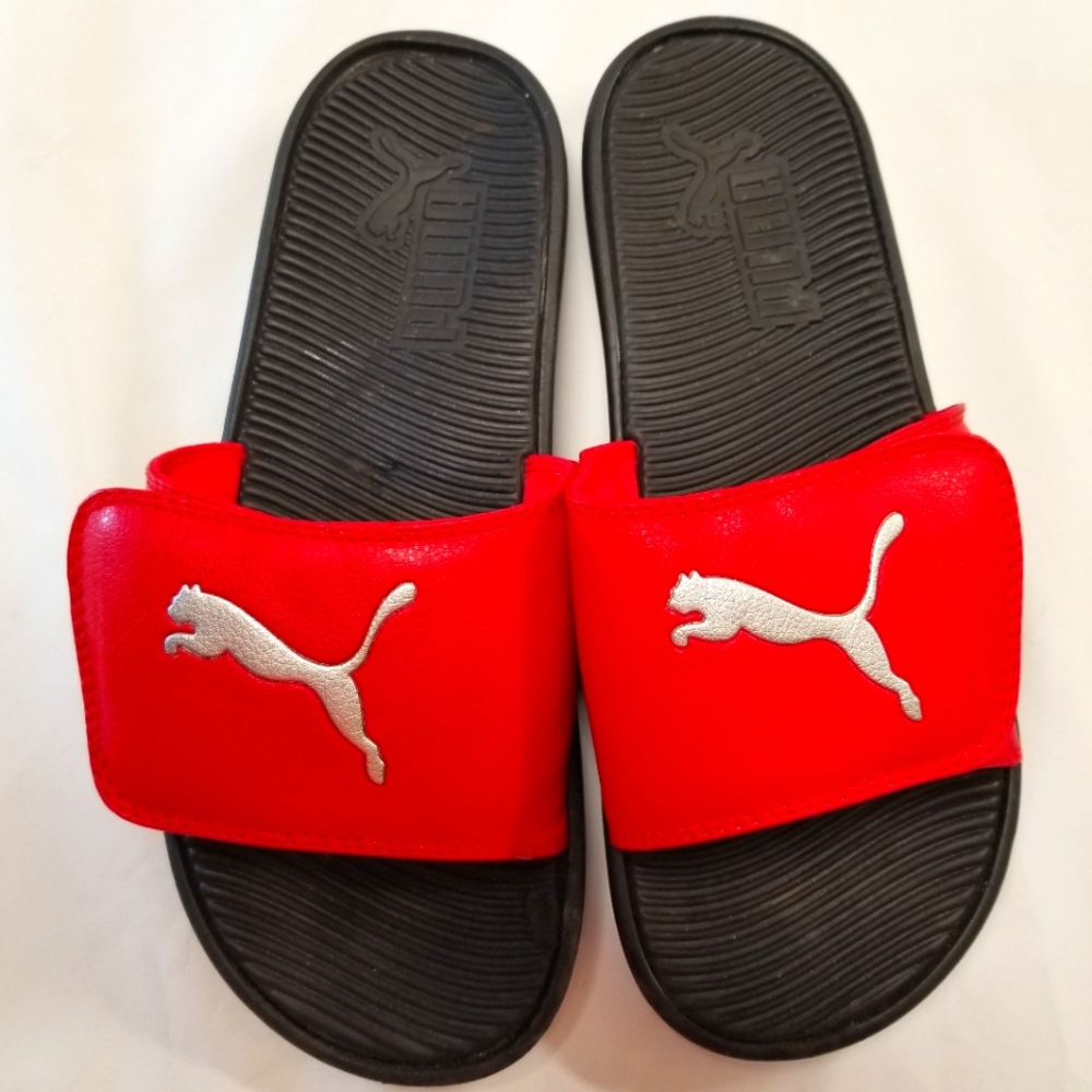 Puma Mens Slides Size 9 Red Black Silver V-Hook Loop Adjustable Closure Slip On